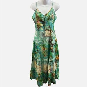 NWT Chaudry KC Boho Maxi Dress Green Tropical Print Summer Resortwear Size L